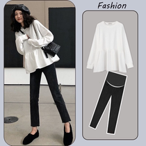 Pregnant Woman Spring Clothing Suit Fashion Net Red Spring Autumn Han Edition Long Sleeve Doll Blouse Blouse Loose Sweatshirt Spring Two Sets