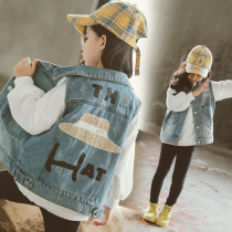 Girl Denim Waistcoat Waistcoat Child Summer Slim jacket CUHK Outside Wearing Vest Foreign Air Spring Autumn Baby waistcoat