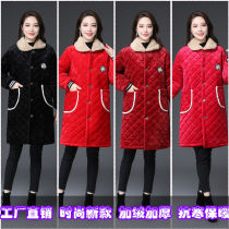 Winter new plus suede thickened hood Female external wearing apron without cap with cap in length jacket fur collar Mom dress at home cotton clothing