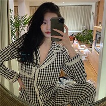 ins pajamas Ladies Spring and Autumn long sleeves Korean Plaid sweet Net red can wear students Leisure home clothes set