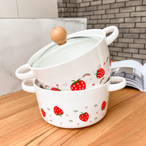 Strawberry ceramic instant noodle bowl Household INS binaural with cover bowl Student cute covered ceramic bowl Creative big soup bowl