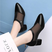 Mesh single shoes womens shoes 2021 new season breathable leather shoes women hollow middle heel thick heel shoes
