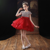 Western fashion show high-end dress girl puffy gauze princess dress piano performance flower girl wedding dress red Spring and Autumn Summer