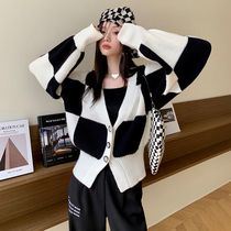 MacyMccoy checkerboard sweater cardigan womens autumn winter 2021 New V-neck loose coat knitted shirt top