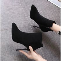 Pointed short boots womens autumn and winter New black net red boots high heels Joker slim boots