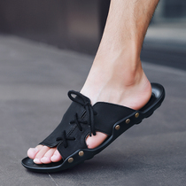 Slippers men Summer outwear trendy cool Drag outdoor non-slip Soft bottom casual sandy beach sandals Men in tow genuine leather