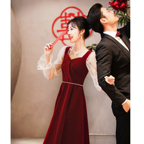 Engagement dress female wine red long sleeve velvet toast bride 2021 New Home set Pro long autumn and winter