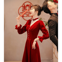 Toast Bride 2021 new winter wine red engagement dress dress back door long sleeve velvet wedding woman