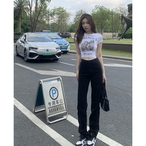  Black straight jeans womens trend early autumn 2021 new high-waisted chic Hong Kong retro high mopping pants