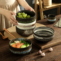 Japanese high-foot noodle bowl retro ceramic tableware sand thickened large rice bowl household beef noodle soup bowl round bowl