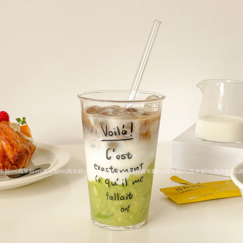 韩式ins风冰拿铁咖啡杯家用简约字母玻璃杯果汁杯牛奶杯喝水杯子