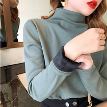 Semi-high neck base shirt womens long sleeves in autumn and winter with foreign style 2021 New plus velvet padded T-shirt warm top