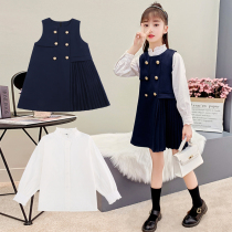 Girls vest dress spring and autumn 2021 English princess dress white shirt dress double-breasted childrens skirt