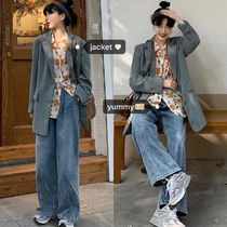 (Three-piece suit)Loose lazy suit Retro floral shirt high-waisted jeans Schoolgirl spring and Autumn suit