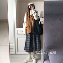 (Three-piece set) retro tooling vest jacket solid color sweater plaid skirt female student spring and autumn set