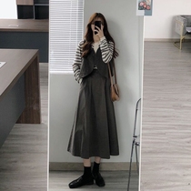 Large size womens suit Autumn New Korean loose slim long sleeve T-shirt long skirt vest three-piece set