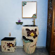 New Chinese washbasin small apartment hand washing style simple square floor standing column type one simple balcony art Basin