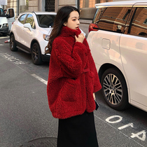 Winter womens new 2021 explosion Imperial sister small fragrant wind premium Christmas New Year red Lamb hair coat tide