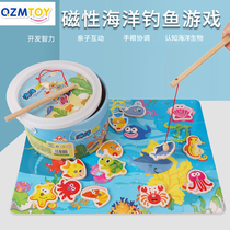 Wooden bucket baby Magnetic fishing belt puzzle 1-3 years old toddler double pole ocean fishing childrens educational toy
