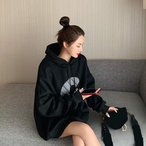 oversize Port wind plus velvet thickened hooded sweater womens autumn and winter niche black sports high street jacket ins tide