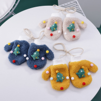 Childrens gloves autumn and winter boys and girls plus velvet Christmas children hanging necks warm and thick baby mittens tide