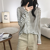 Knitted cardigan womens autumn 2021 new Korean version loose and wild round neck long sleeve striped short jacket