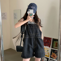 Denim bib shorts womens summer 2021 new loose thin wide leg pants age-reducing Western style small one-piece pants