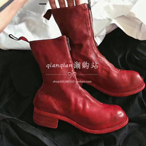  Hong Kong guidi womens boots front and rear zipper booties retro leather thick-heeled inverted boots pleated mid-barrel Martin boots