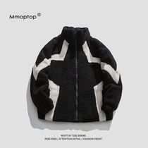 Mmoptop autumn and winter tide brand contrast stitching lamb plush cotton clothes mens loose couple stand-up collar cotton coat jacket