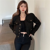 Xiaoxiang short coat 2021 new womens retro loose black temperament V-neck short cardigan on clothes