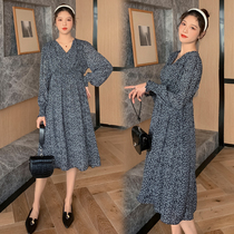  Maternity clothing autumn V-neck dress spring and autumn wear loose and thin large size belly cover new long-sleeved floral skirt