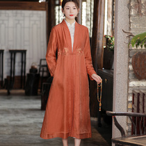 Cheongsam windbreaker coat female spring and autumn long sleeve retro Chinese style embroidery Tang suit women Loose Medium long cardigan