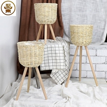 Nordic style creative rattan straw woven flower basket wooden high flower stand floor-standing indoor living room decoration green flower
