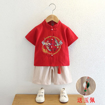 Hanfu boys summer thin model 1 Chinese style costume 2 baby cotton linen childrens clothing 3 Mid-Autumn Festival short sleeve 4-year-old two-piece set