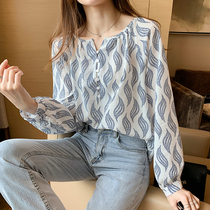  2021 autumn new womens long-sleeved printed shirt female design sense niche loose casual chic Korean style top