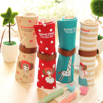 Canvas pen blue girl curtain Korean roll cute roll bag pencil pencil box Art large capacity stationery box Pula