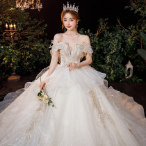 One-word shoulder light main wedding dress 2021 New temperament bride French court style Princess tailing luxury little winter