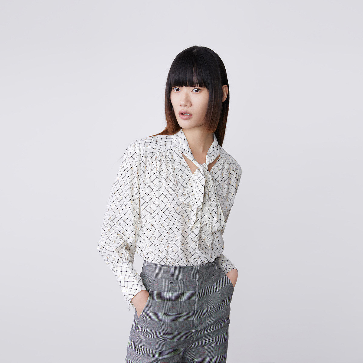 LILY2020 Autumn new womens bow float led loose-print long-sleeved chiffon shirt 120320C8819