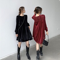Autumn 2022 New Korean Style Age Reduction Skinny Joker Solid Color Long Long Sleeve Velvet Dress Women