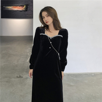 Autumn 2021 New French retro square collar waist slim Joker light mature velvet long sleeve dress women
