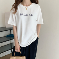 Summer 2021 Korean version of loose thin Joker lazy wind cotton half sleeve letter round neck short sleeve T-shirt INS tide