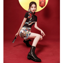 Guochao cheongsam 2022 new summer young girl improved black little dress fried street short