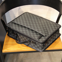 Hong Kong genuine leather mens checkered briefcase male handbag trendy bull leather mens single shoulder bag inclined satchel mens carry bag