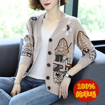 Knitted Cardigan Women Spring and Autumn Pure Cardigan 100 Cashmere Outer Korean Loose Embroidered Mother Sweater Jacket