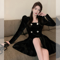 Palace style temperament square collar dress women autumn and winter 2021 New Hepburn style Senior French small black dress