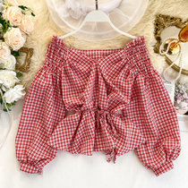 Plaid Gangfeng shirt female design sense niche shoulder V-neck foreign Bubble bubble sleeve waist Lotus jacket ins