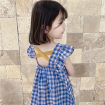 Summer girls cotton and hemp dress 2021 new childrens Korean plaid skirt baby small flying sleeve Korean short skirt