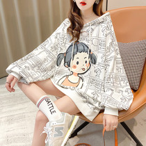 Pregnant autumn Korean version loose hooded cartoon print long-sleeved sweater fat MM plus fat plus size loose 200 pounds