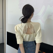  Korean version of the socialite style careful machine backless lace bubble sleeve shirt design sense sweet short-sleeved T-shirt top