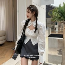 Temperament slim irregular deep vneck bubble sleeve shirt foreign style thin retro wooden ear half skirt suit